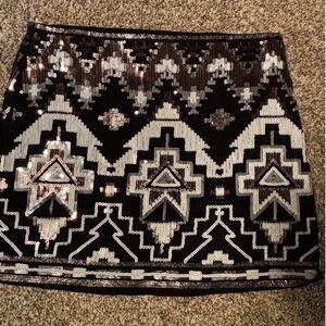 Express Sequin Mini Skirt Black Silver Geometric Tribal Aztec Party Festival XS
